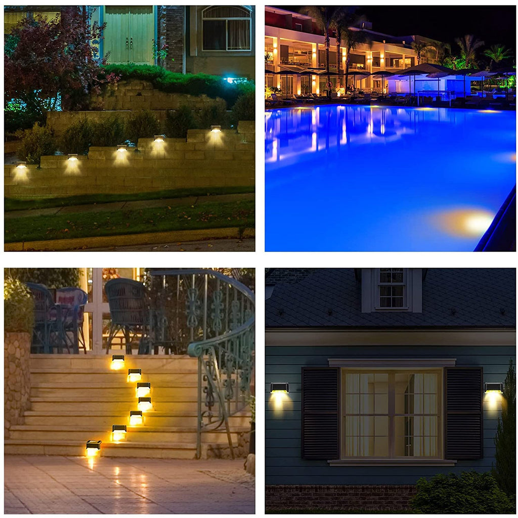 A collage of four scenes showing solar lights illuminating outdoor stairs, a pool area, and a house facade.