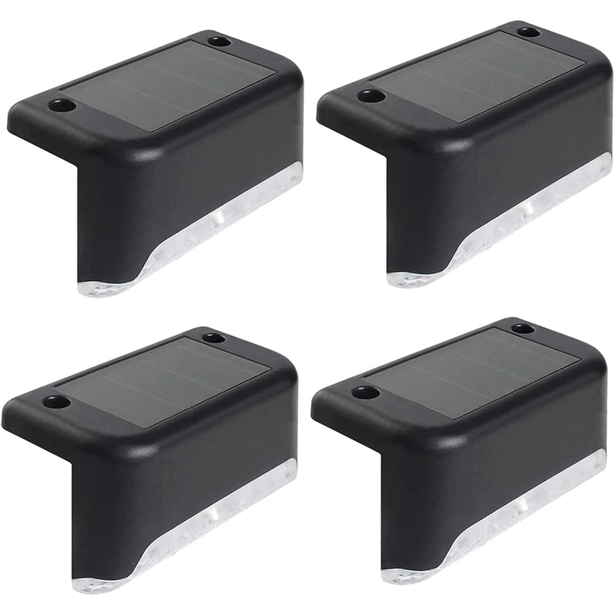 Four black solar-powered step lights with clear plastic diffusers are arranged on a white background.