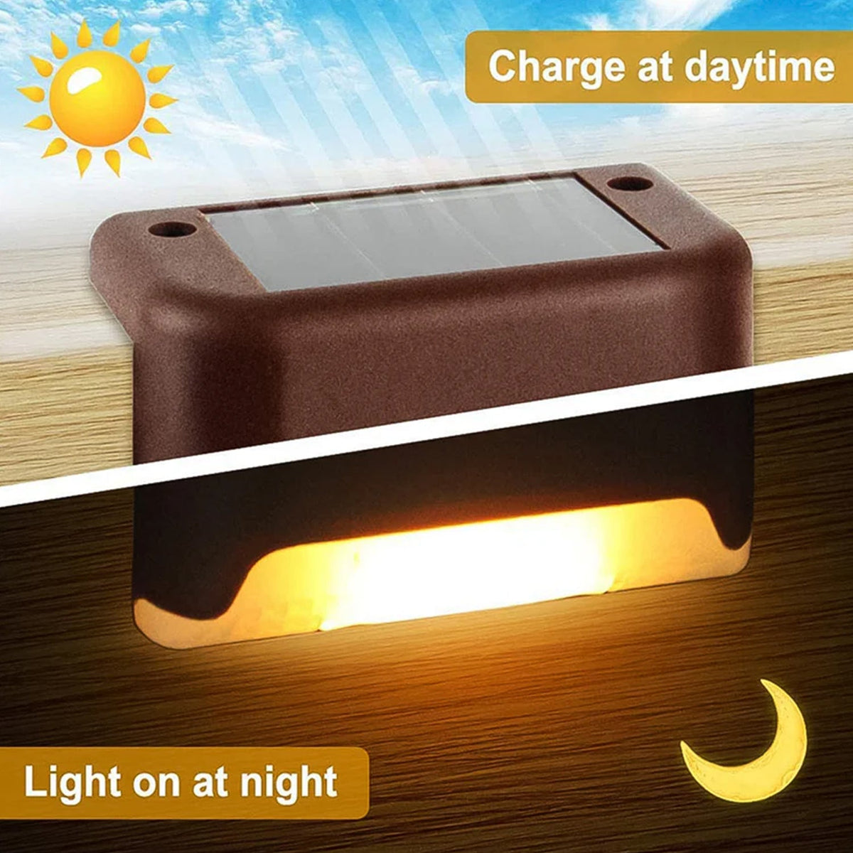 A brown solar light on a wooden edge, illustrating daytime charging and nighttime illumination with sun and moon icons.