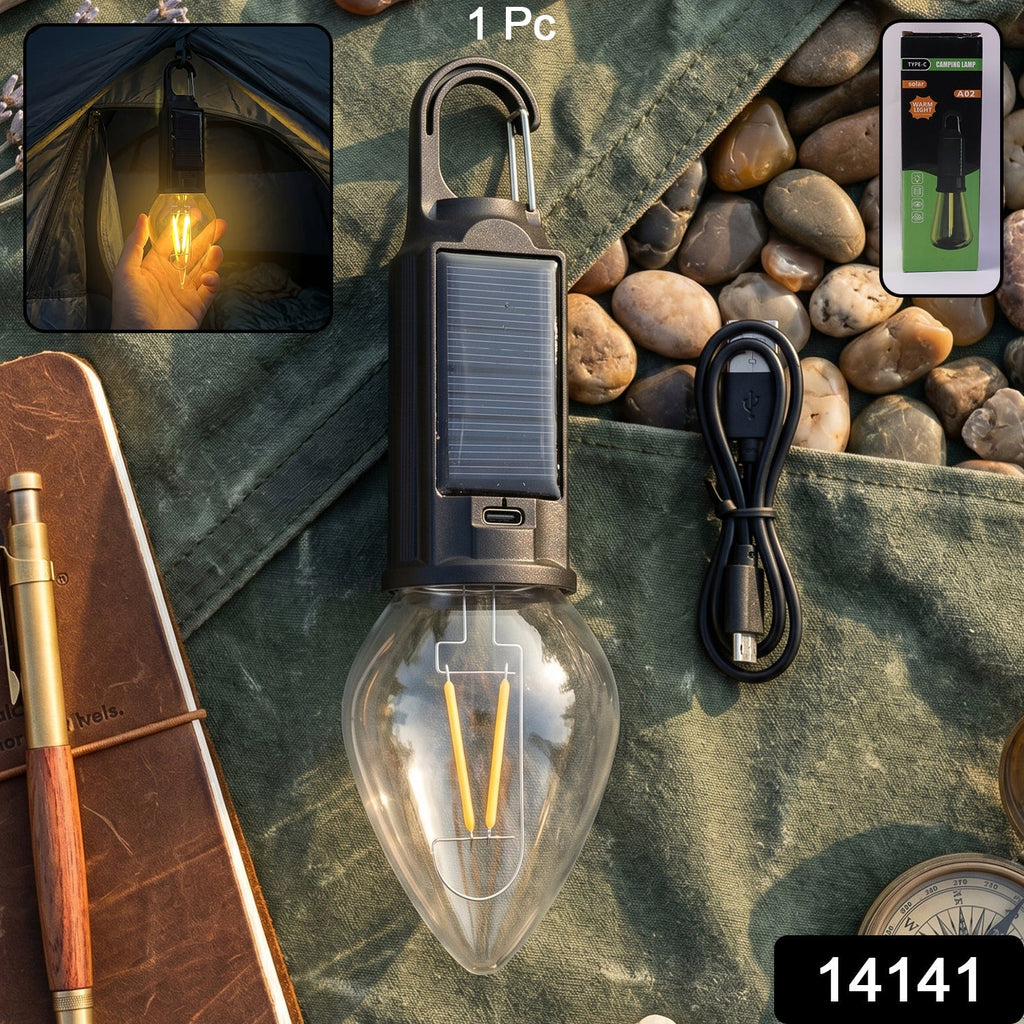 Solar Rechargeable Camping Lamp With Carabiner Clip Warm Led Bulb Light (1 Pc)