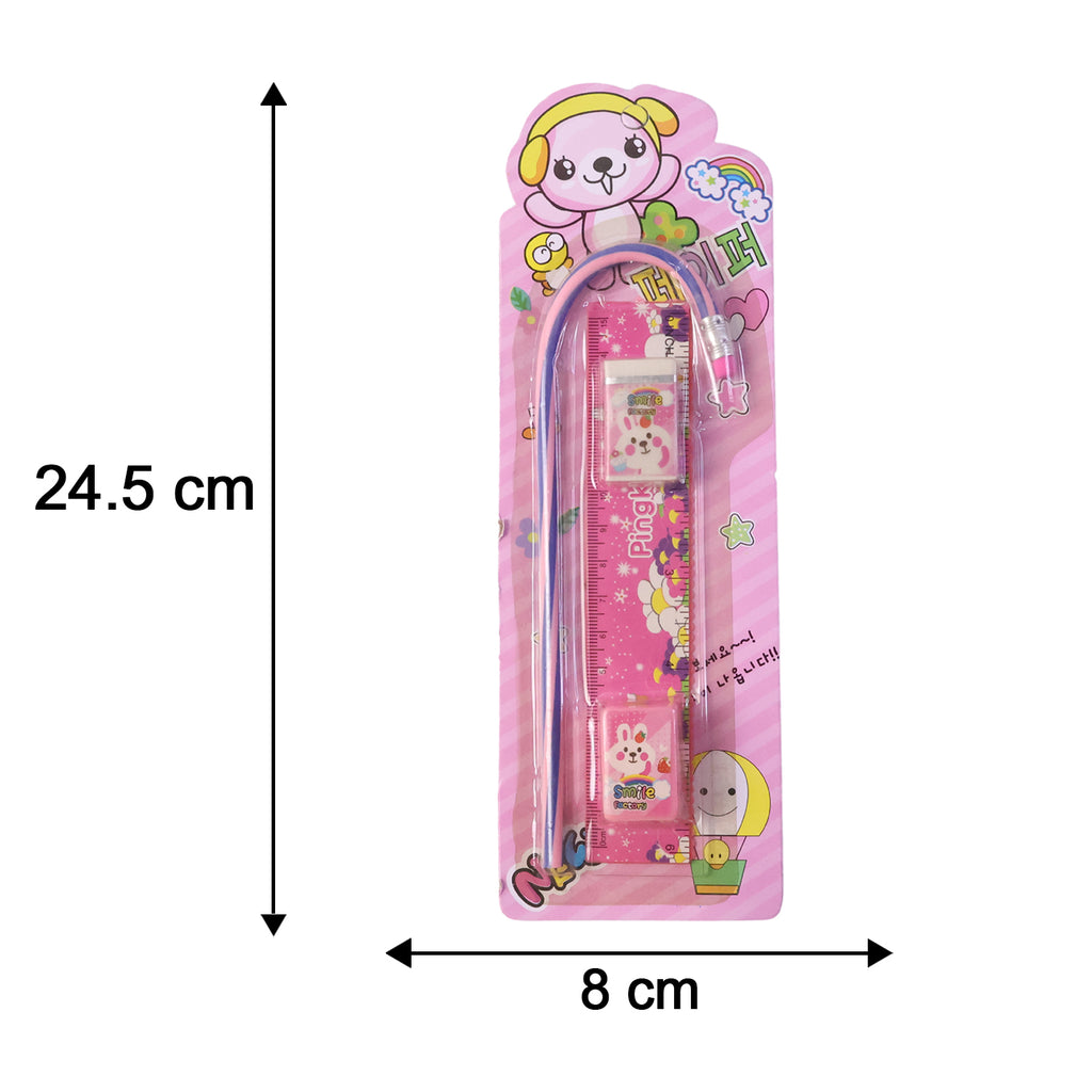 4-in-1 Cute Pink Stationery Set With Ruler Pencil Eraser  Sharpener