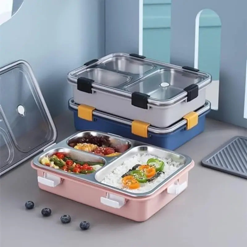 3 Compartment Stainless Steel Lunch Box – Leak-Resistant Food Storage Tiffin with Secure Locking Lid for School, Office & Travel