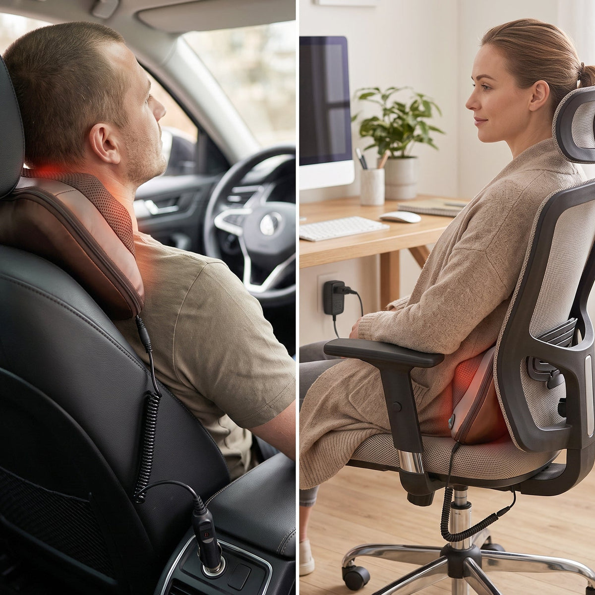 A split image showing a man using the massage pillow in a car and a woman using it on her lower back in an office chair.