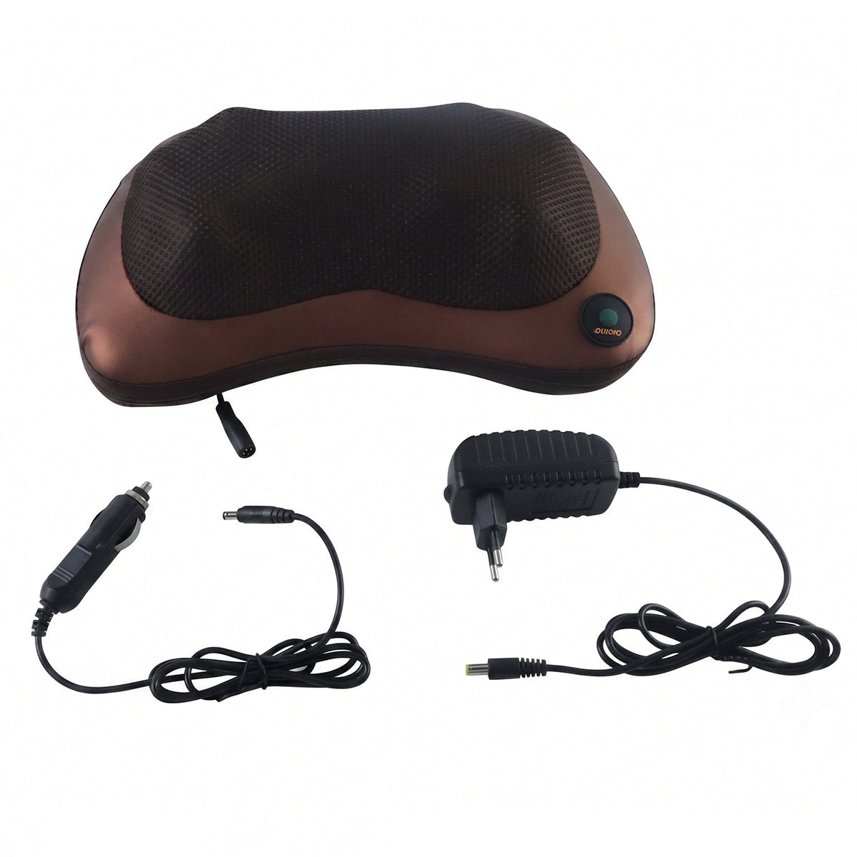 A brown massage pillow with its car charger and wall adapter displayed on a white background.