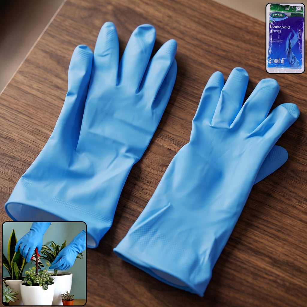 Large Victor Blue Cleaning Rubber Gloves Reusable Kitchen Dishwashing (1 Pair)