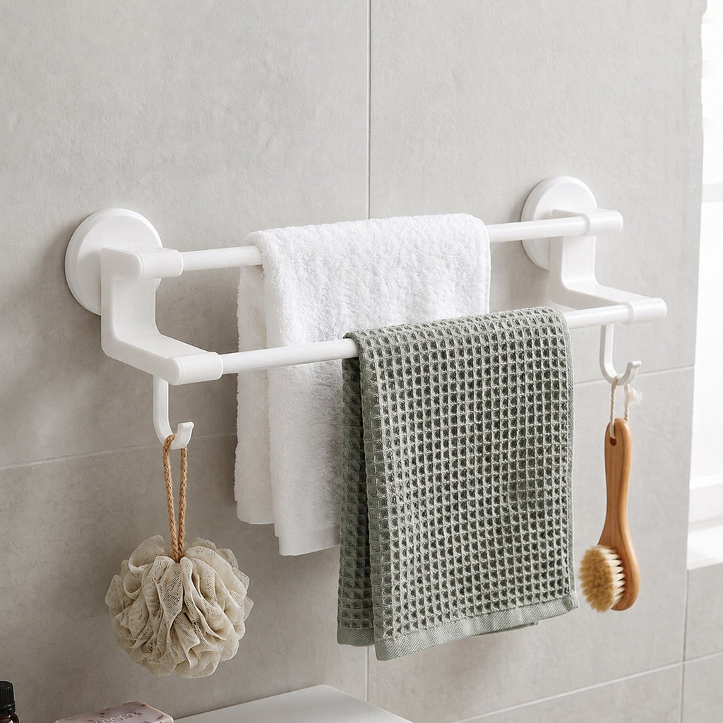 Wall Mounted Double Bar Towel Holder Rack With Side Hooks (1 Pc)