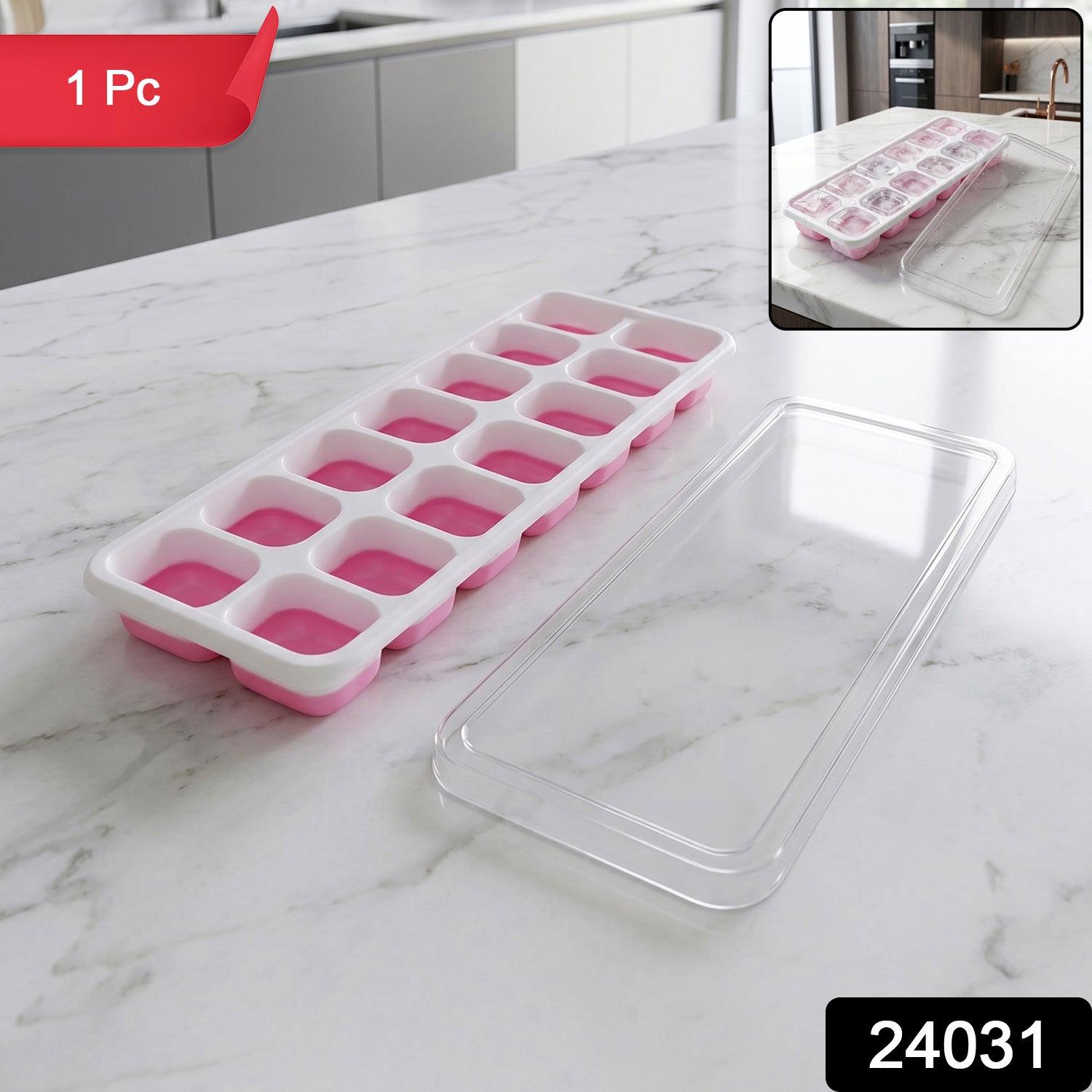 Multipurpose Plastic Ice Cube Tray With Lid (1 Pc 14 Gride  Pink)