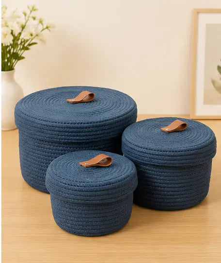 Sara Enterprises Cotton Rope Storage Baskets with Lids (Set of 3) | Round Woven Jute Organizer Baskets for Home & Kitchen