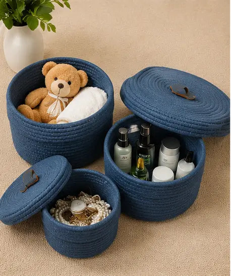 Sara Enterprises Cotton Rope Storage Baskets with Lids (Set of 3) | Round Woven Jute Organizer Baskets for Home & Kitchen