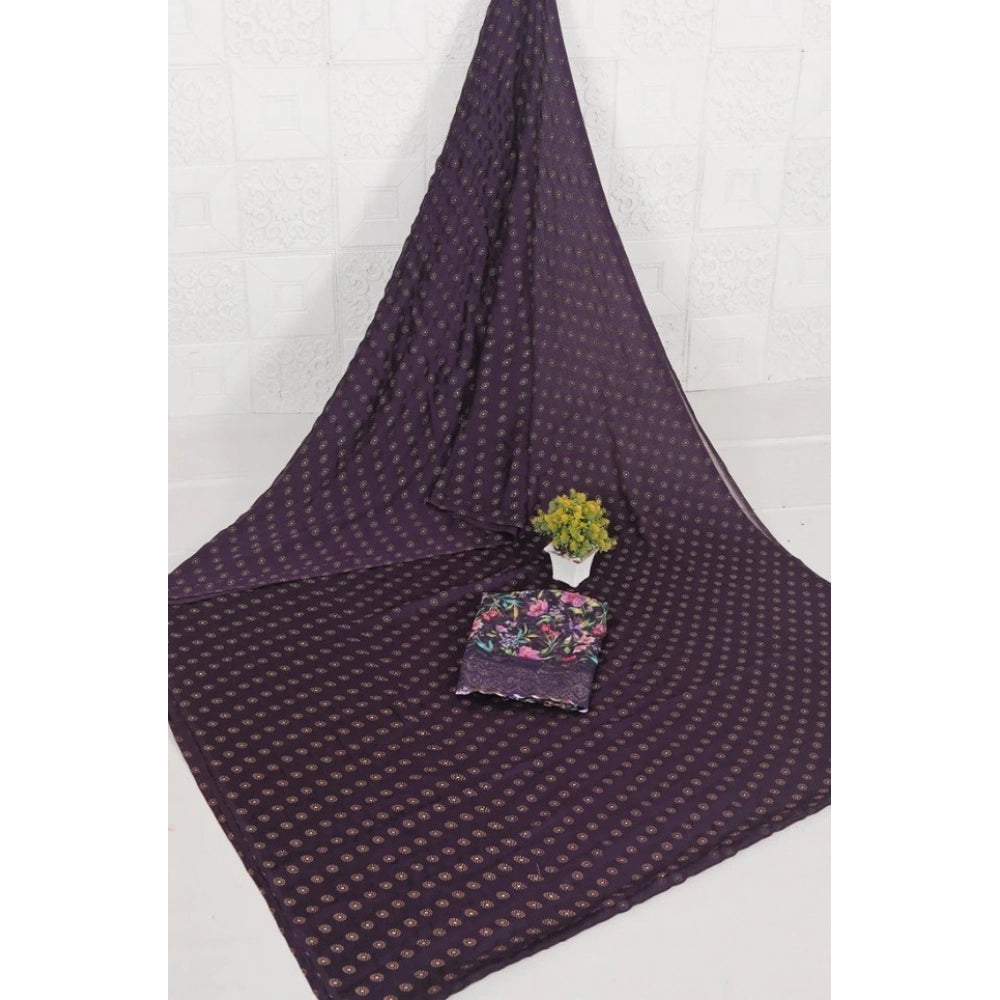 Women's Printed Brasso Saree With Unstitched Blouse (Magenta, 5-6 Mtrs)