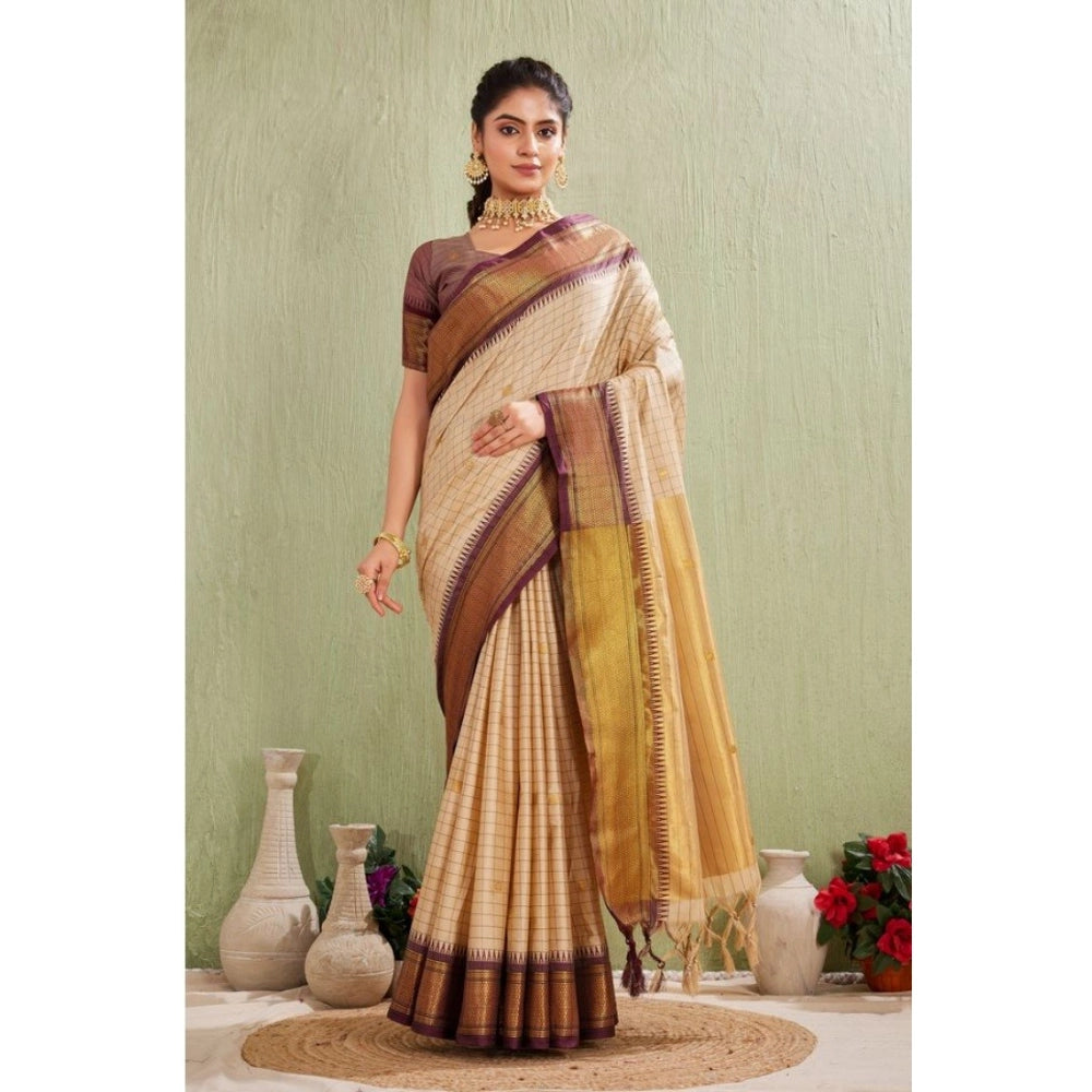 Women's Silk Blended Jaquard Woven Saree With Unstitched Blouse 5.5Mtr (Beige)