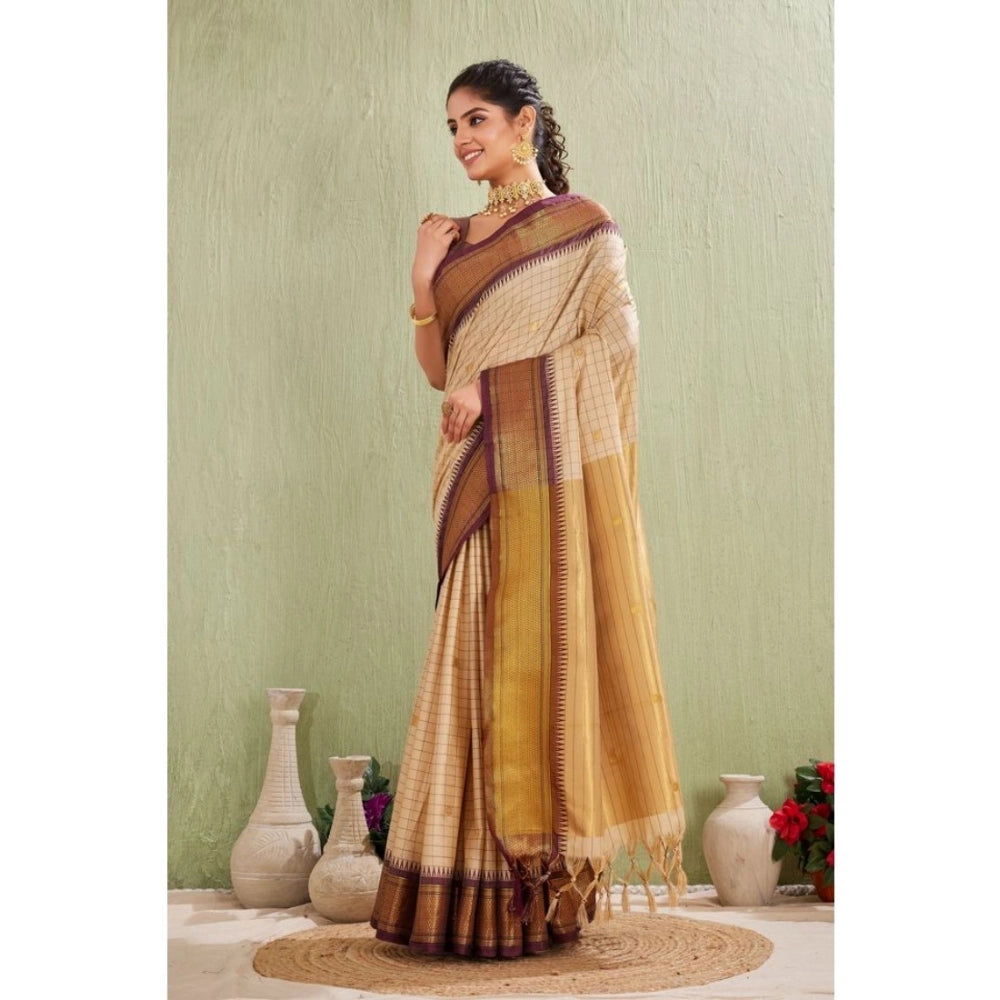 Women's Silk Blended Jaquard Woven Saree With Unstitched Blouse 5.5Mtr (Beige)