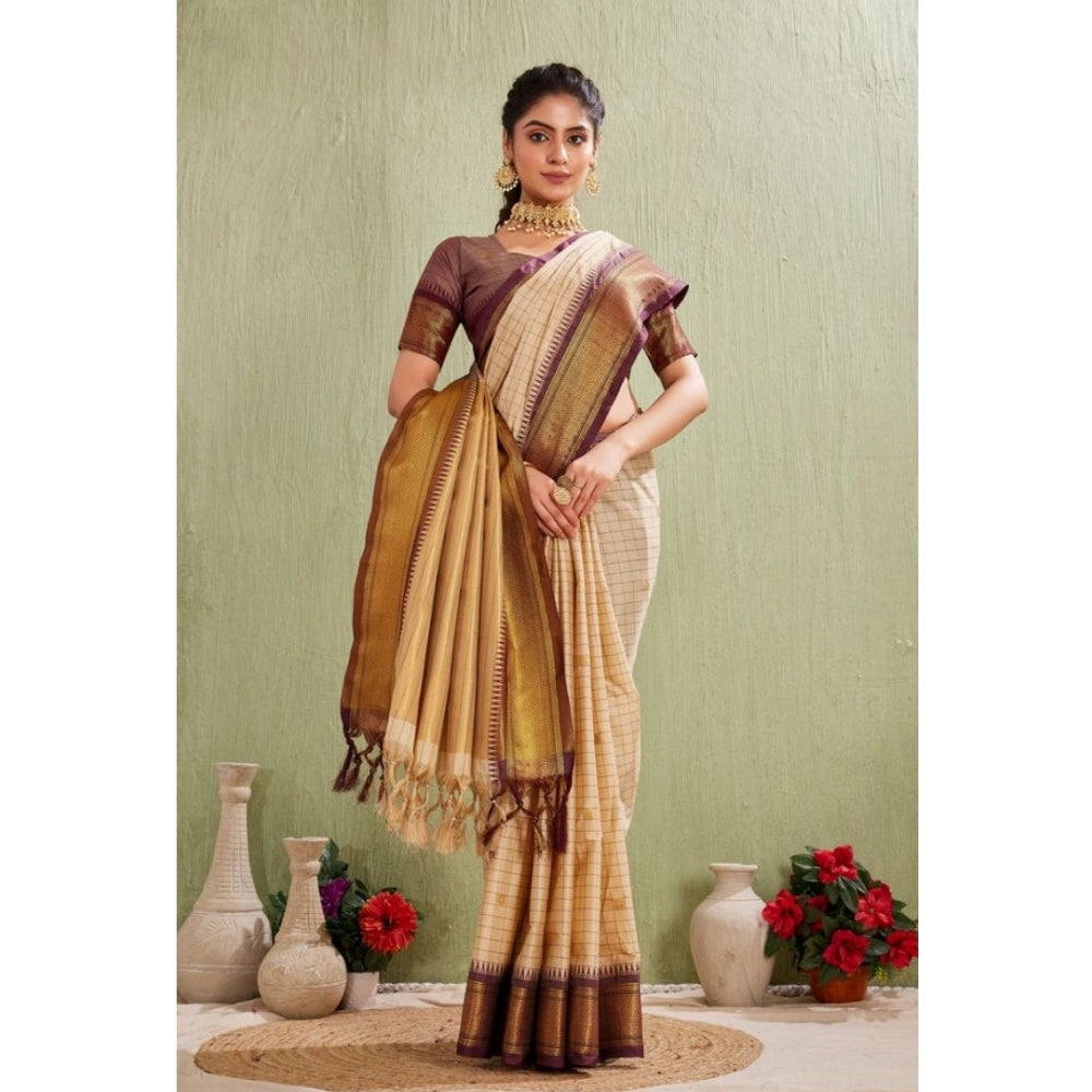 Women's Silk Blended Jaquard Woven Saree With Unstitched Blouse 5.5Mtr (Beige)