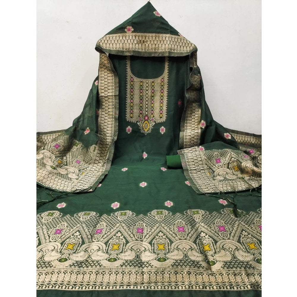 Women's Banarasi Silk Printed Unstitched Salwar Suit Material With Dupatta (Bottle Green, 3Mtrs)