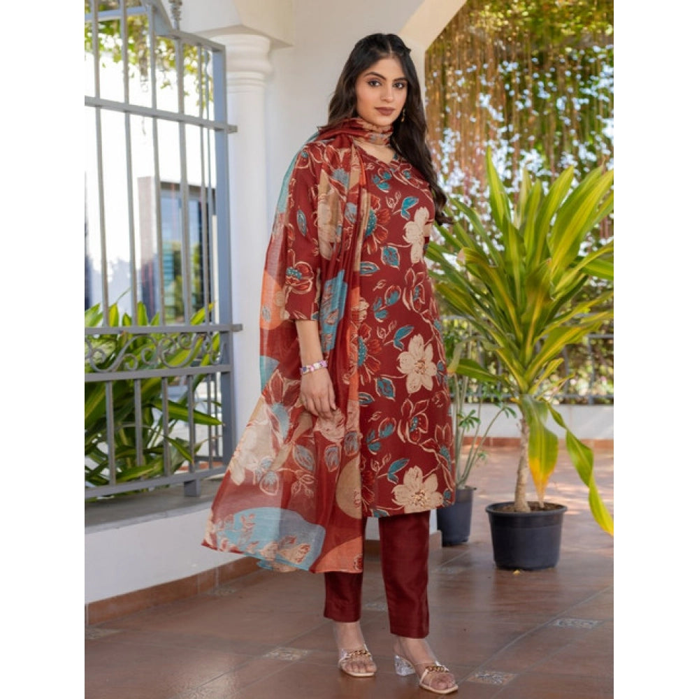 Women's Cotton Blend Printed Kurti With Pant Dupatta Set (Rust)