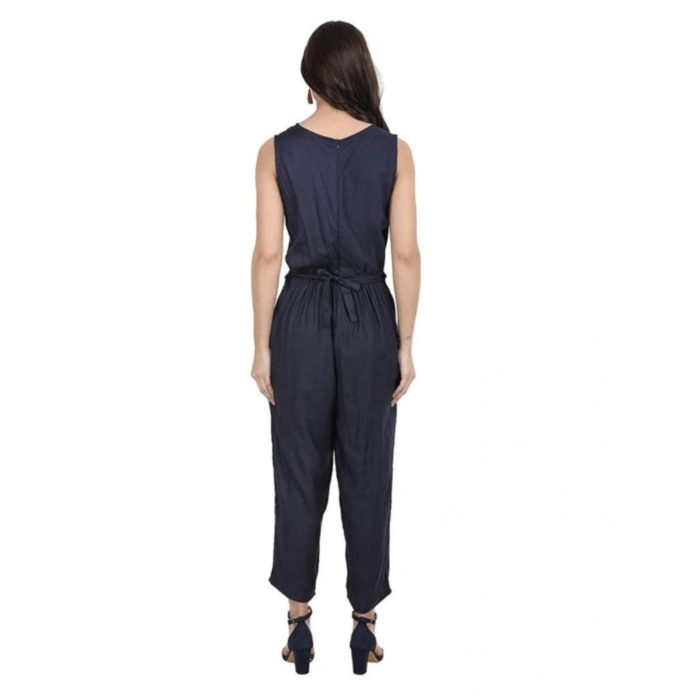 Women's Casual Crepe Sleeveless Jump Suit (Navy Blue)