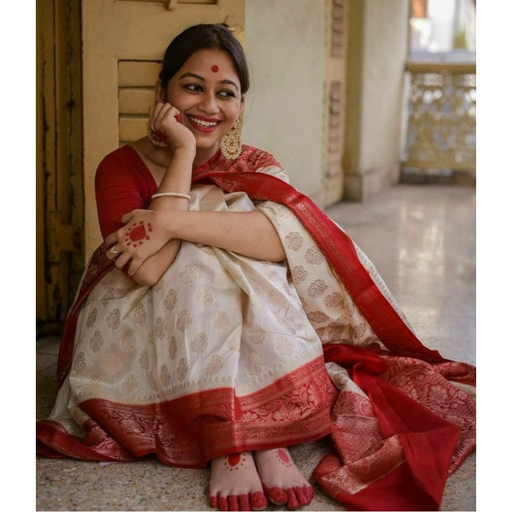 Women's Soft Lichi Silk Printed Saree With Unstitched Blouse 5.5Mtr (White)