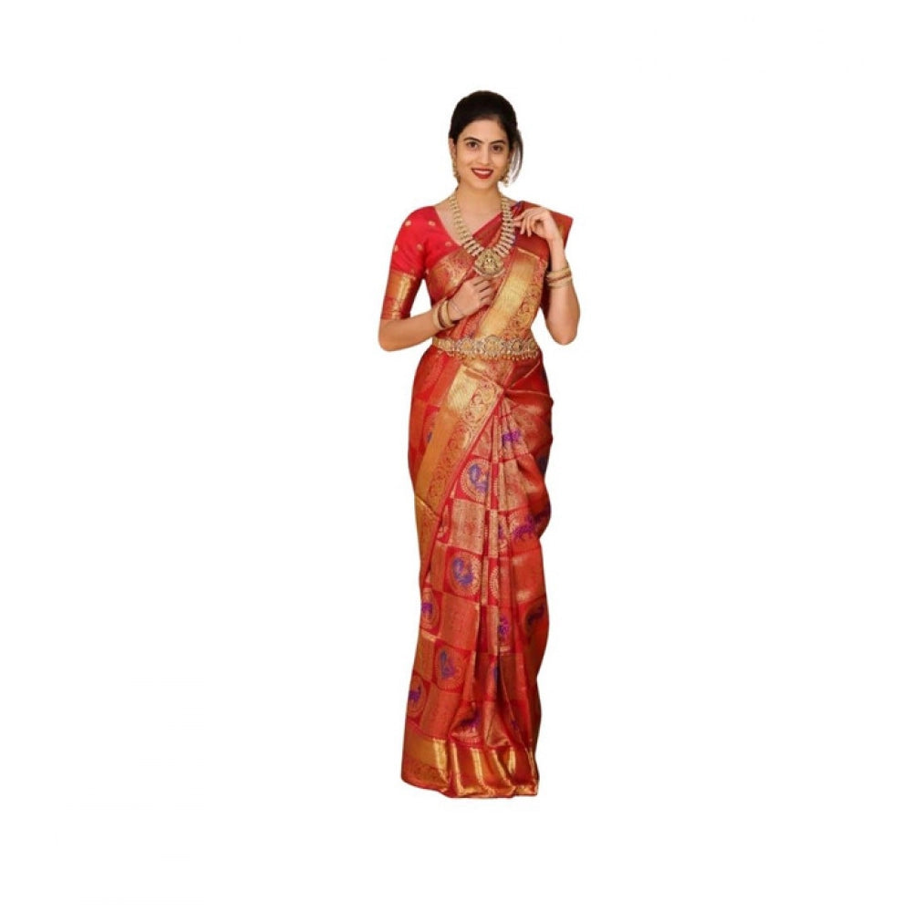 Women's Soft Lichi Silk Printed Saree With Unstitched Blouse 5.5Mtr (Red)