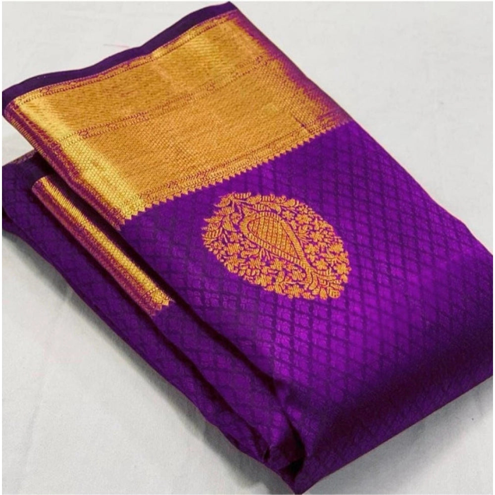 Women's Soft Lichi Silk Printed Saree With Unstitched Blouse 5.5Mtr (Purple)
