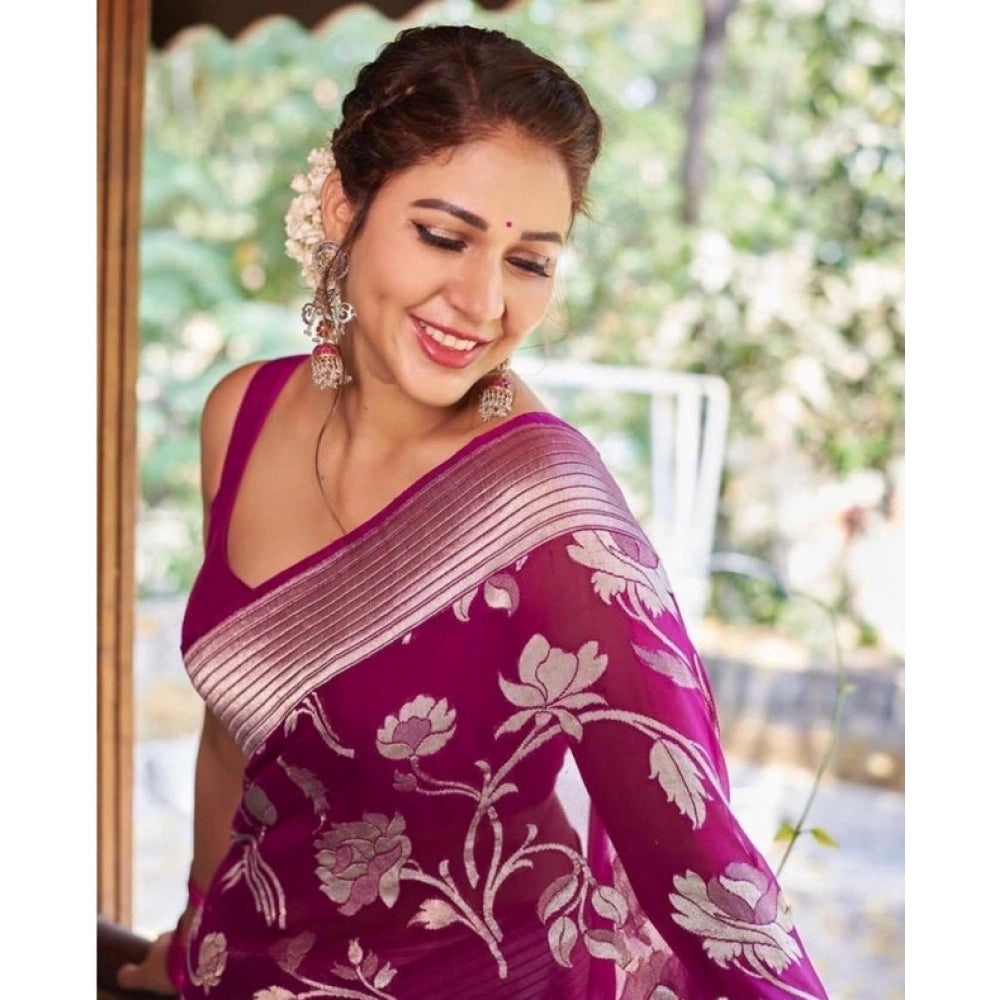 Women's Soft Lichi Silk Printed Saree With Unstitched Blouse 5.5Mtr (Purple)