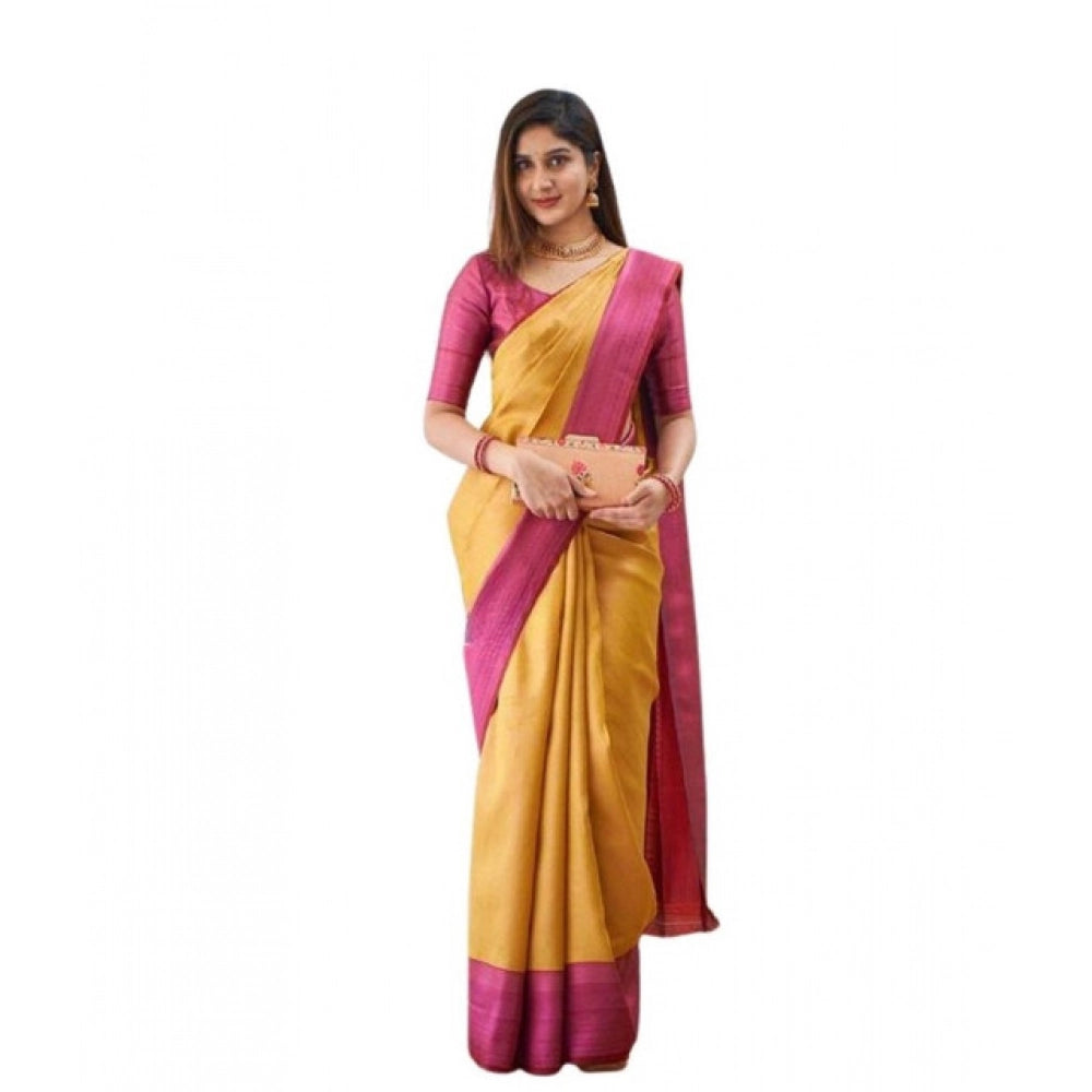Women's Soft Lichi Silk Printed Saree With Unstitched Blouse 5.5Mtr (Mustard )