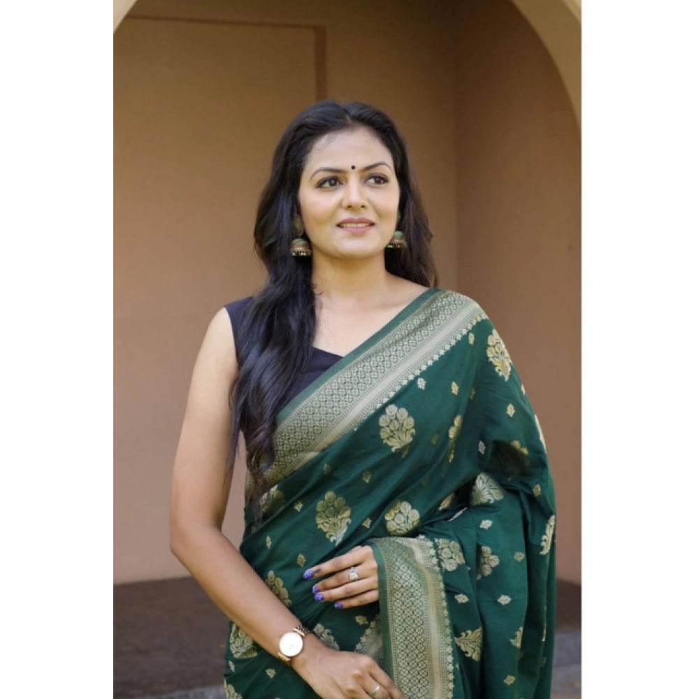 Women's Soft Lichi Silk Printed Saree With Unstitched Blouse 5.5Mtr (Bottle-Green)