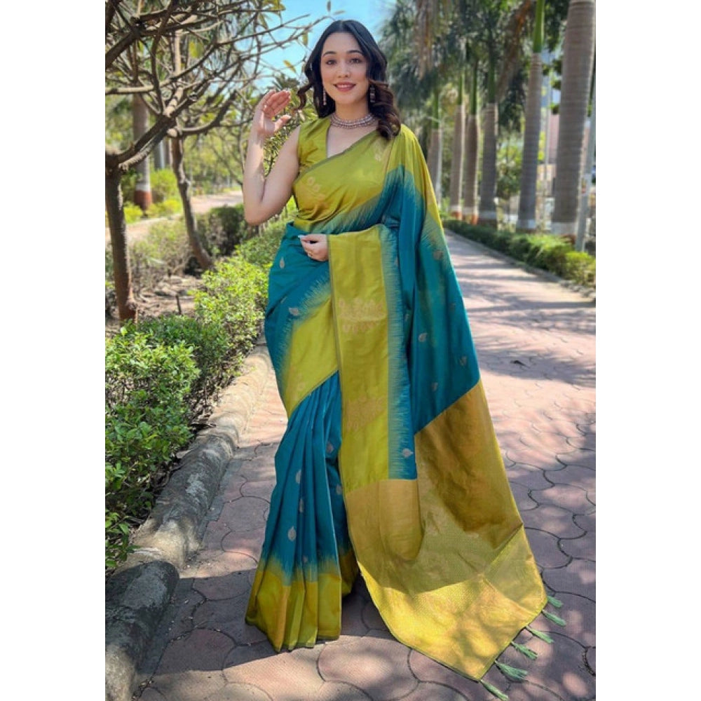 Women's Soft Lichi Silk Printed Saree With Unstitched Blouse 5.5Mtr (Green)