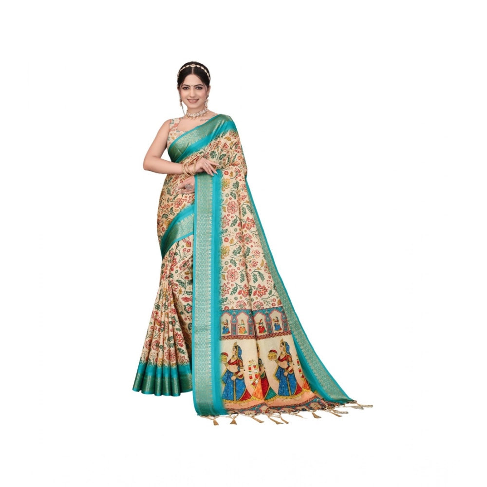 Women's Cotton Silk  Printed Saree With Unstitched Blouse 5.5Mtr (Sky Blue)