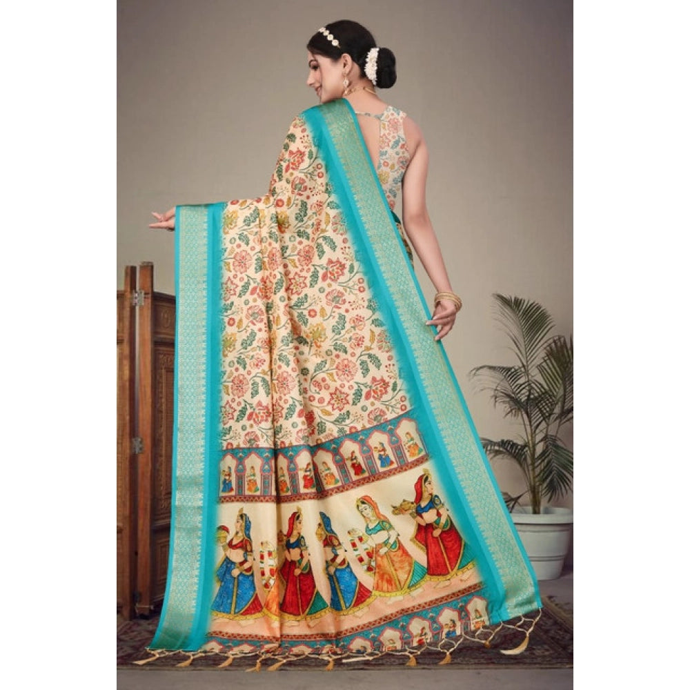 Women's Cotton Silk  Printed Saree With Unstitched Blouse 5.5Mtr (Sky Blue)