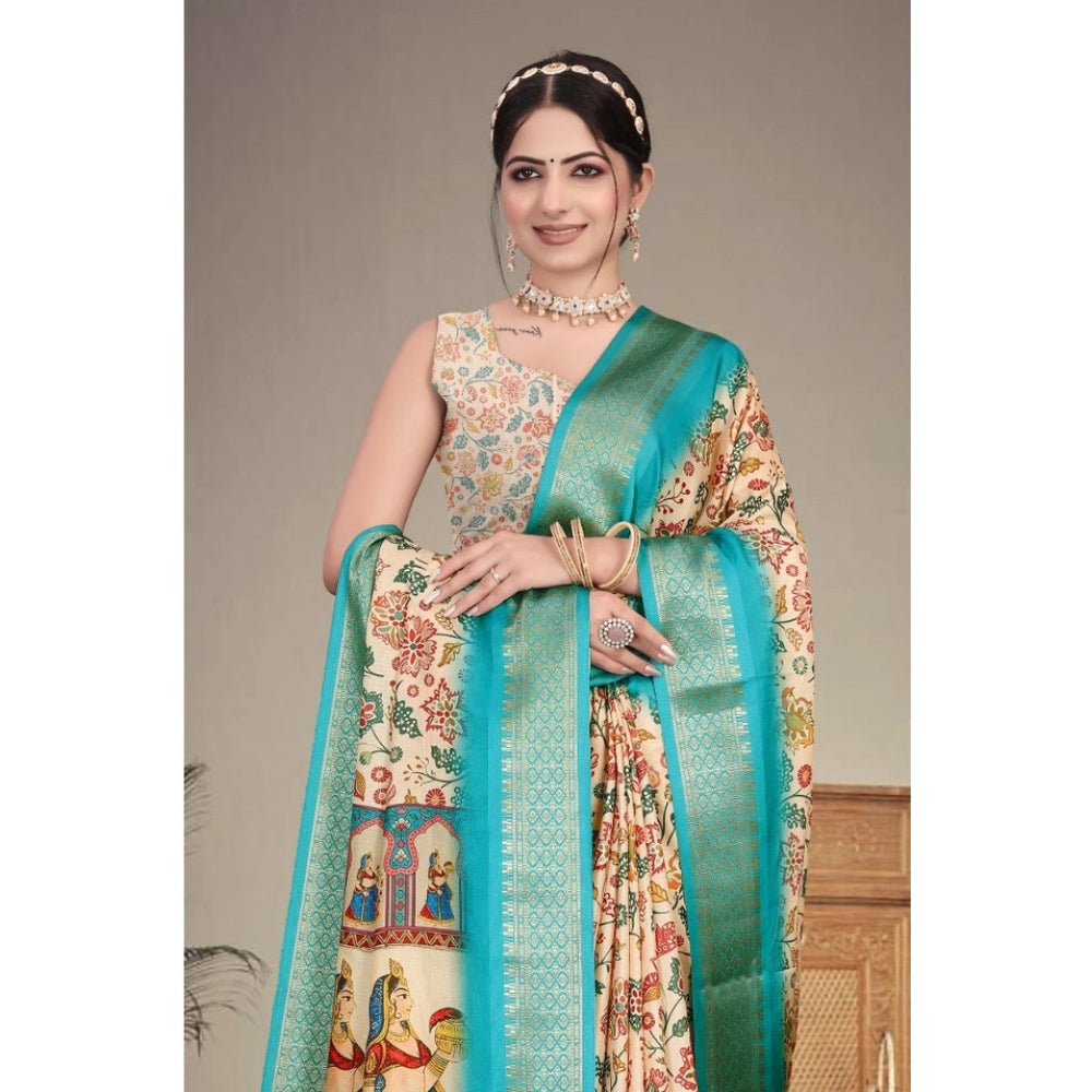 Women's Cotton Silk  Printed Saree With Unstitched Blouse 5.5Mtr (Sky Blue)