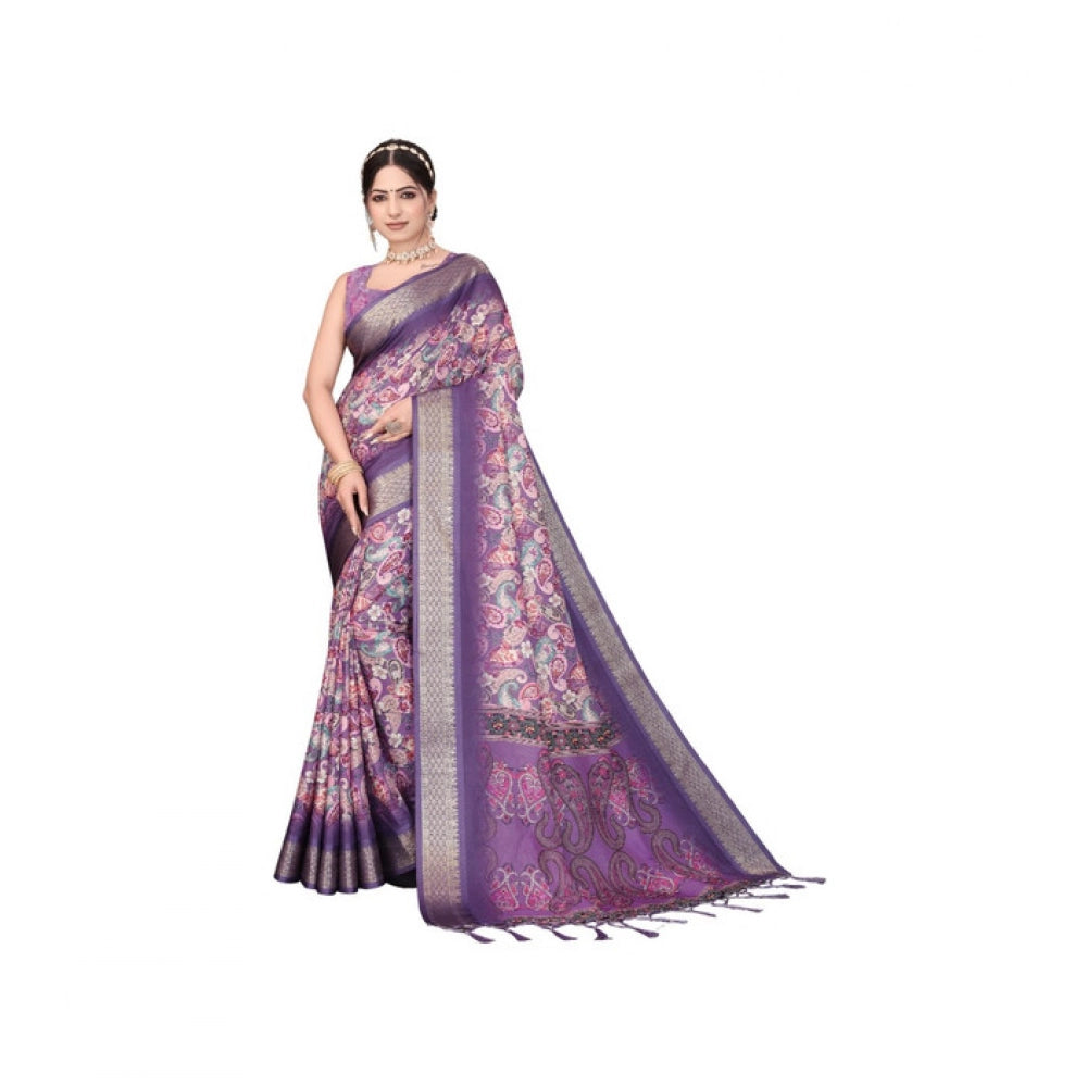 Women's Cotton Silk  Printed Saree With Unstitched Blouse 5.5Mtr (Purple)