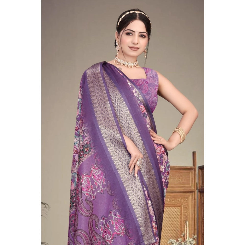 Women's Cotton Silk  Printed Saree With Unstitched Blouse 5.5Mtr (Purple)