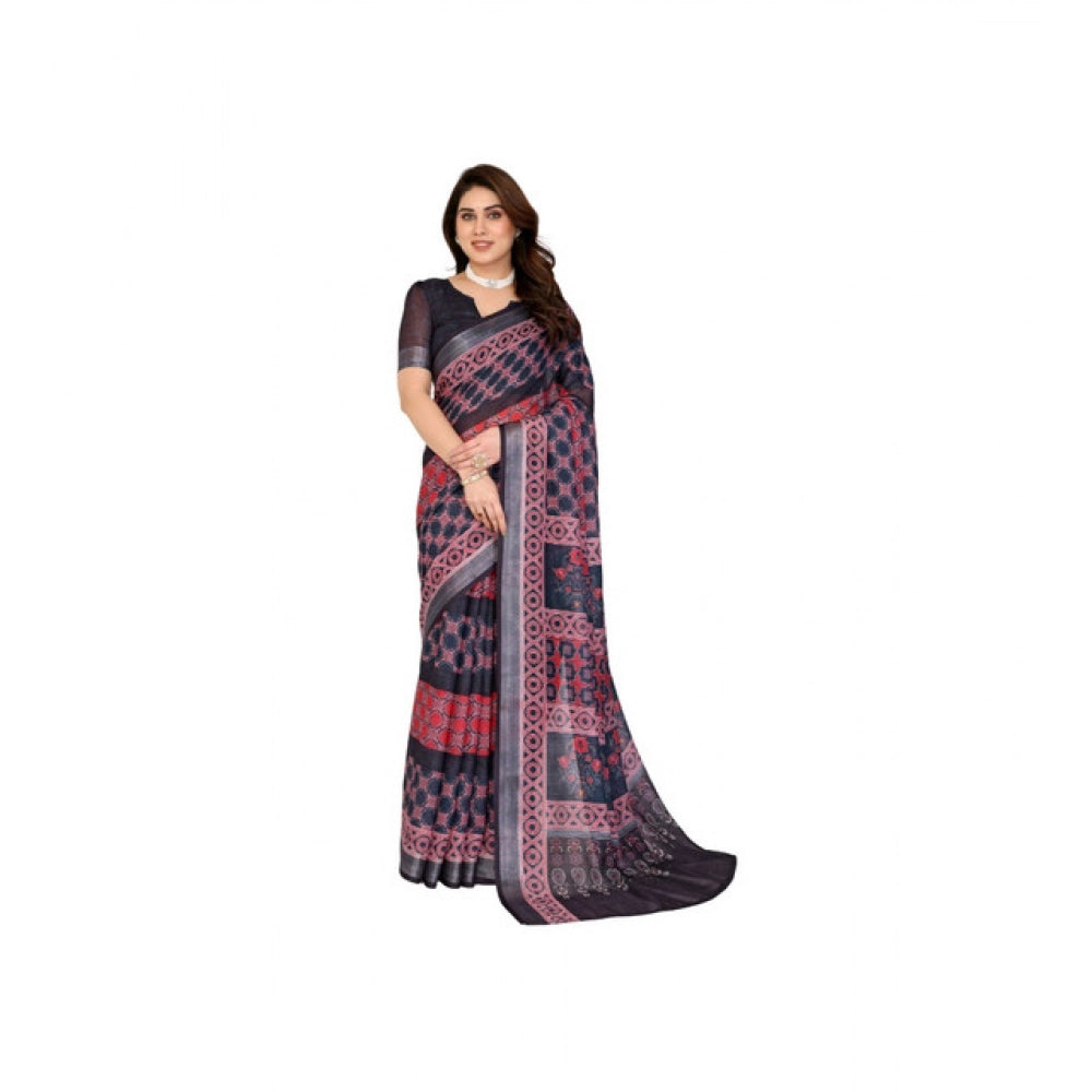 Women's Linen Cotton  Printed Saree With Unstitched Blouse 5.5Mtr (Black)