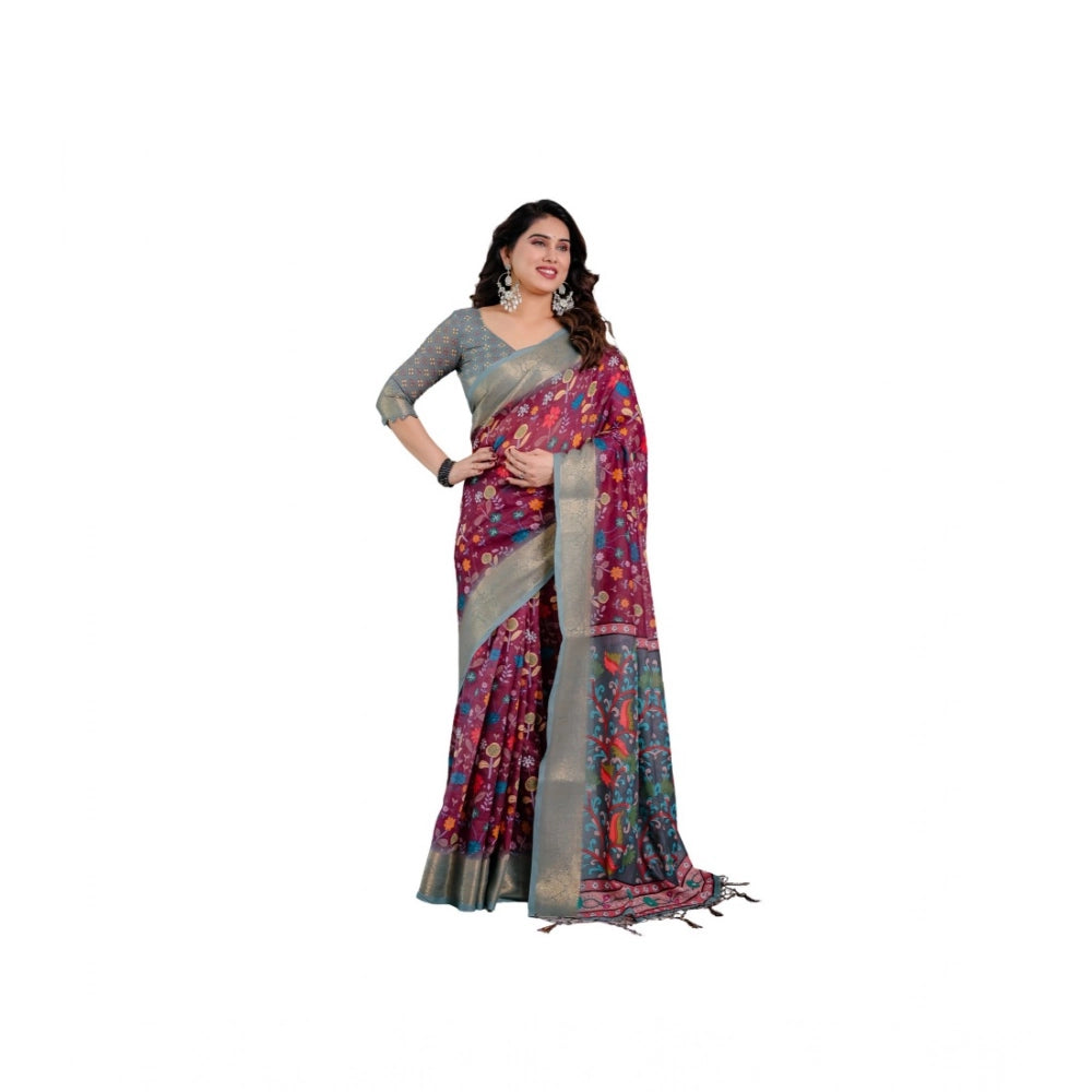 Women's Linen  Printed Saree With Unstitched Blouse 5.5Mtr (Purple)