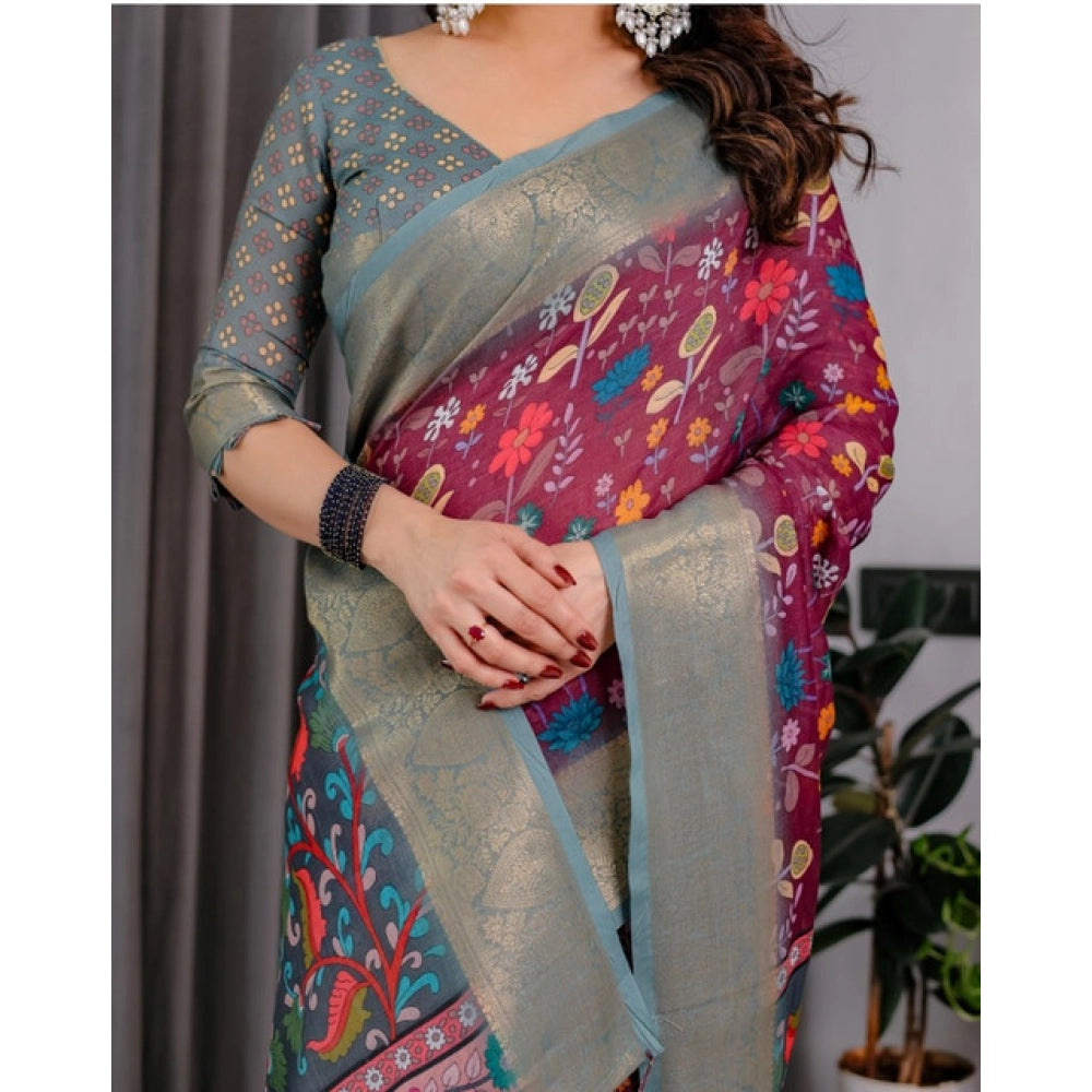 Women's Linen  Printed Saree With Unstitched Blouse 5.5Mtr (Purple)