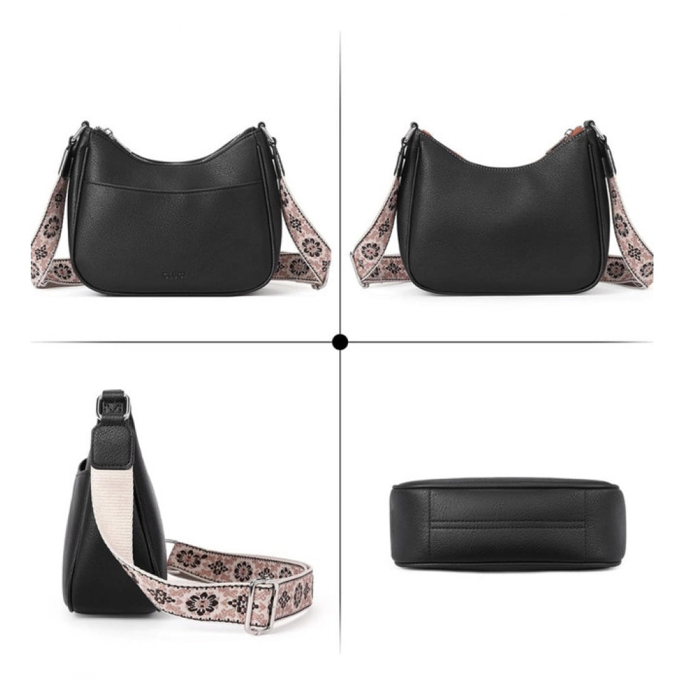Women's PU Leather Zipper Sling Bag (Black)
