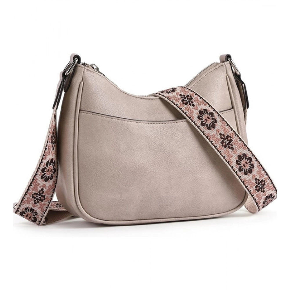 Women's PU Leather Zipper Sling Bag (Beige)
