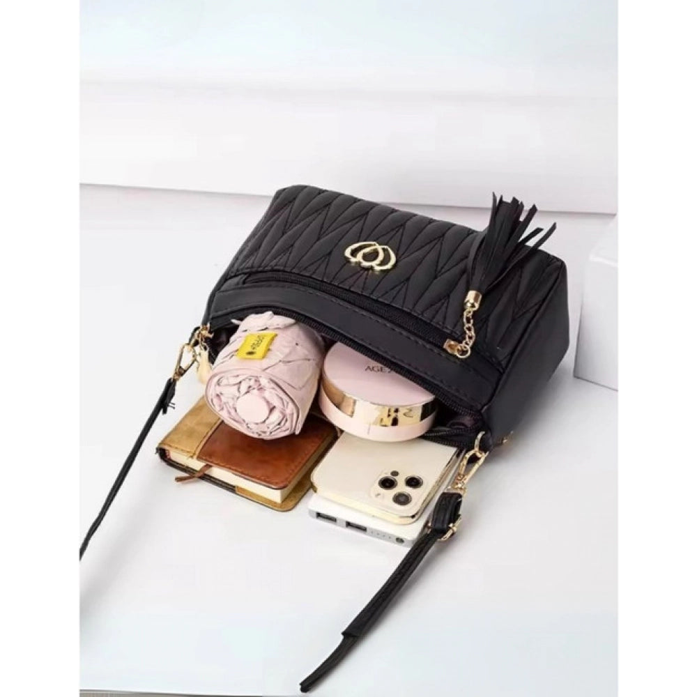 Women's PU Leather Zipper Sling Bag (Black)