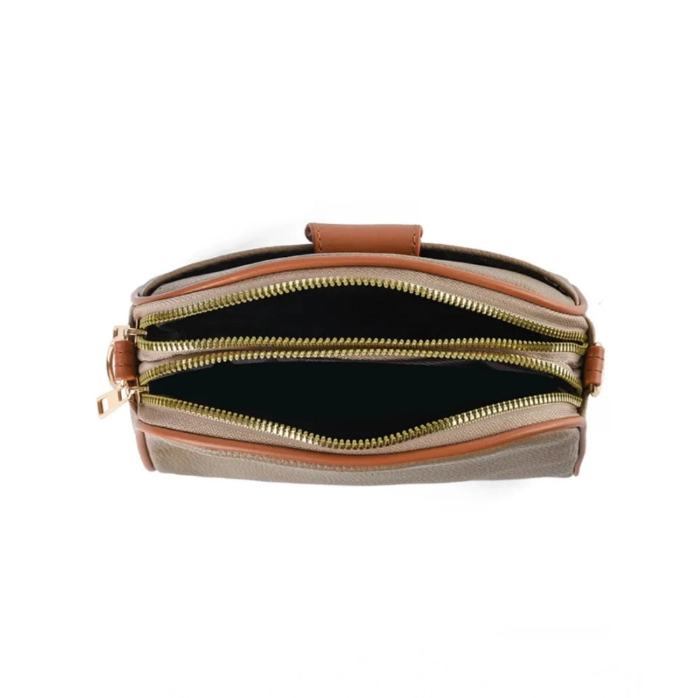 Women's PU Leather Zipper Sling Bag (Khakhi)