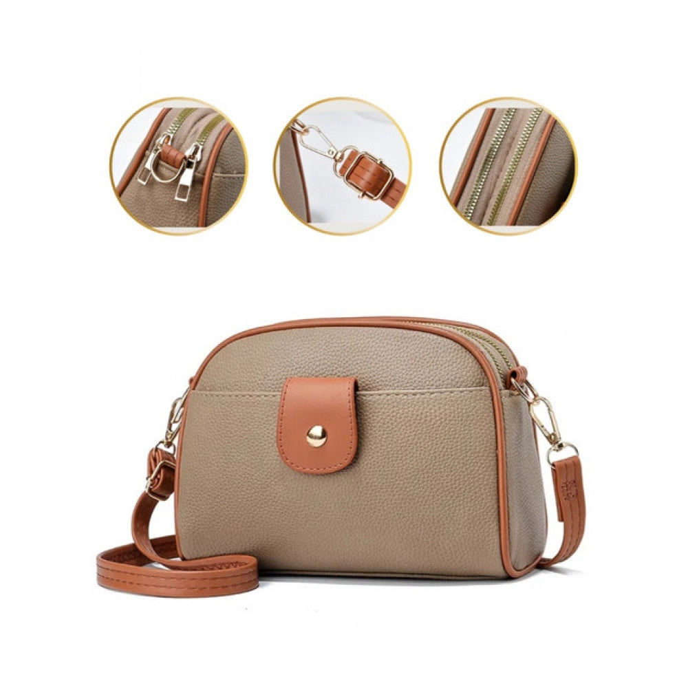 Women's PU Leather Zipper Sling Bag (Khakhi)