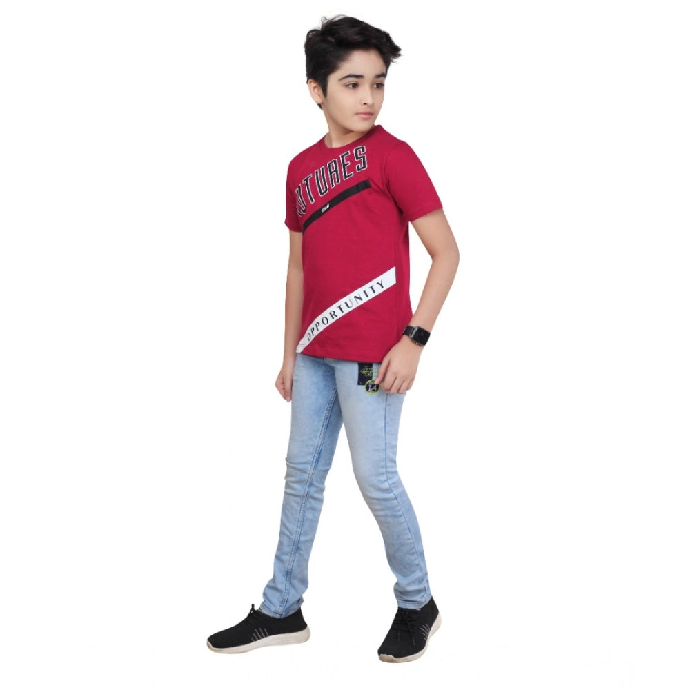 Boy's Cotton Grapic Printed Round Neck T-Shirt (Marron)