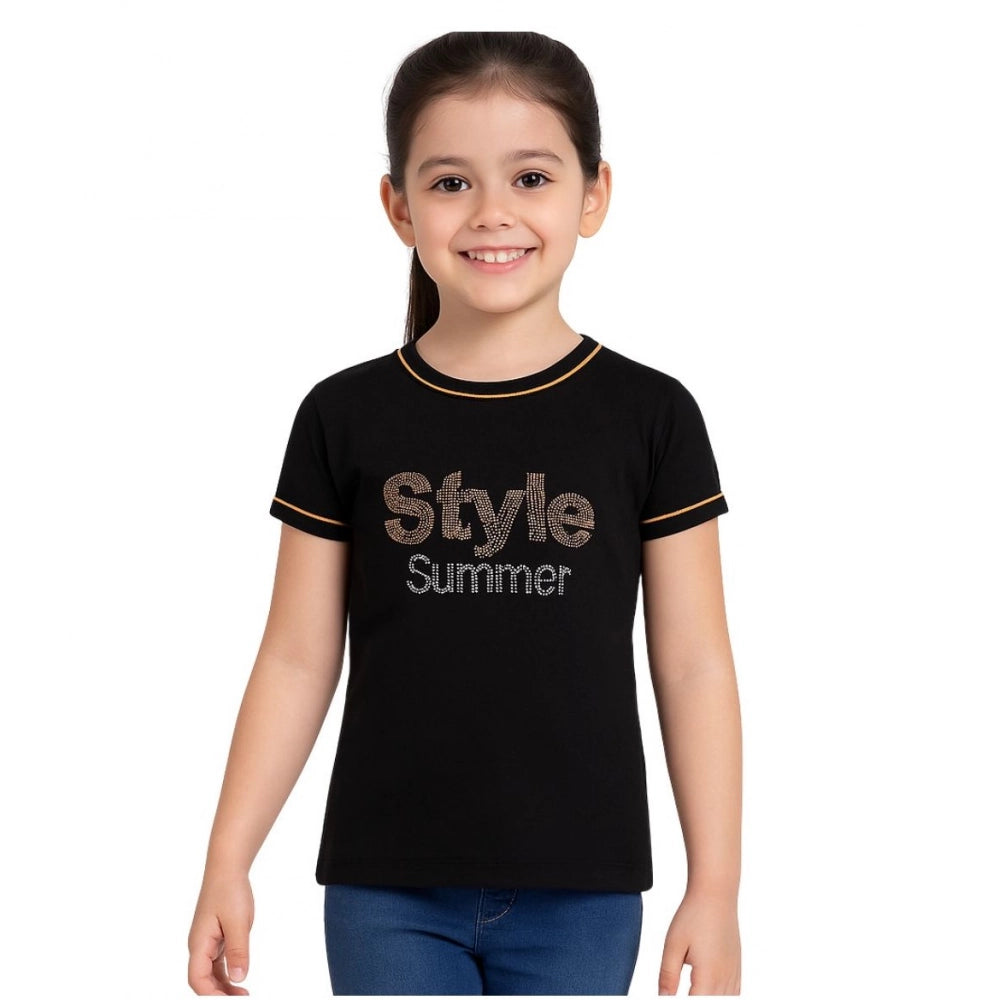 Girl's Cotton Printeded Round Neck T-Shirt (Black)