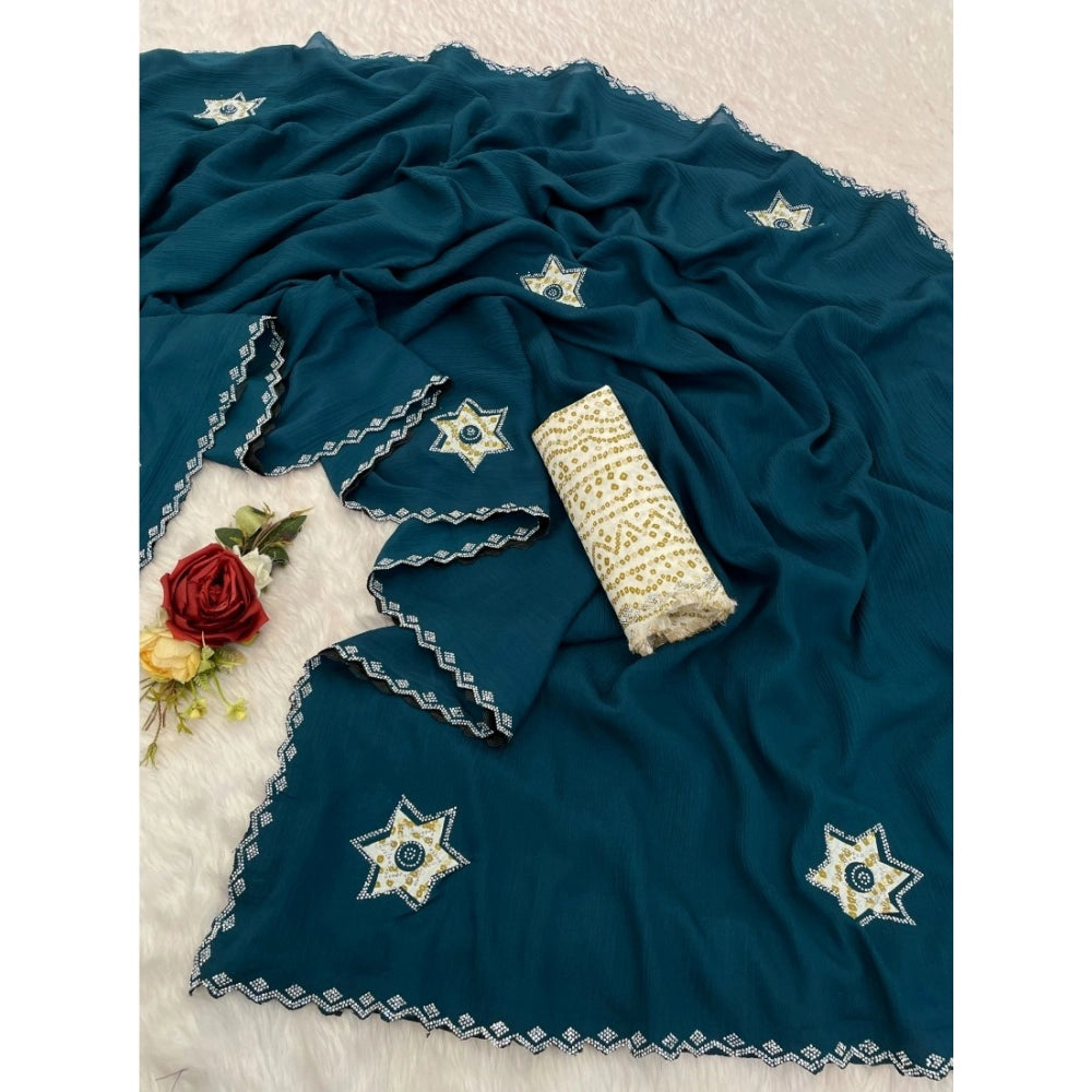 Women's Chiffon Butti Dotted Saree With Unstitched Blouse 5.5Mtr (Blue)