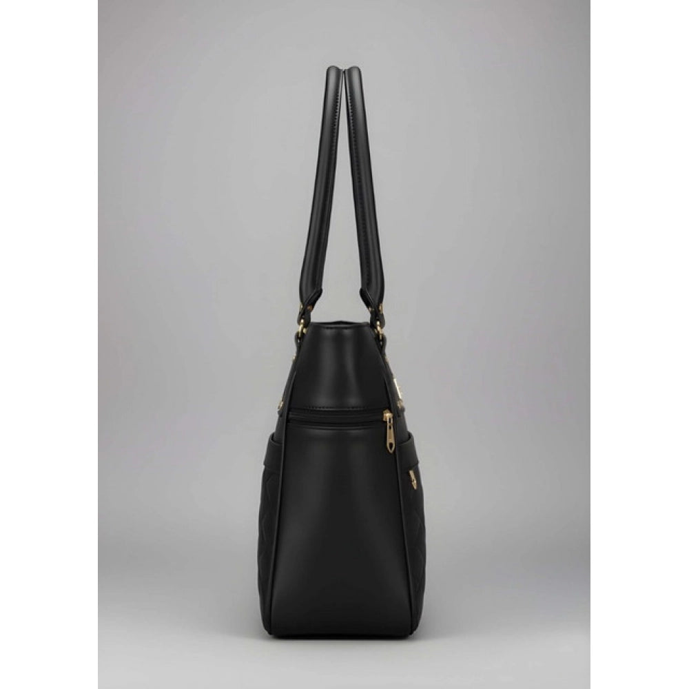 Women's PU Leather Solid Shoulder Zipper Handbag (Black)