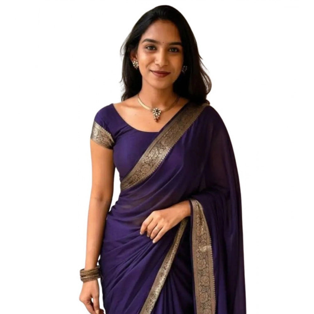 Women's Vichitra Silk Printed Saree With Unstitched Blouse 5.5Mtr (Purple)