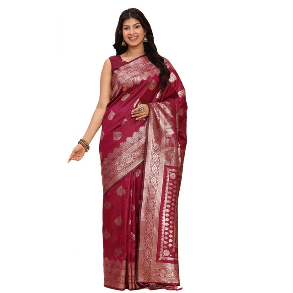 Women's Banarasi Silk Printed Saree With Unstitched Blouse 5.5Mtr (Magenta)