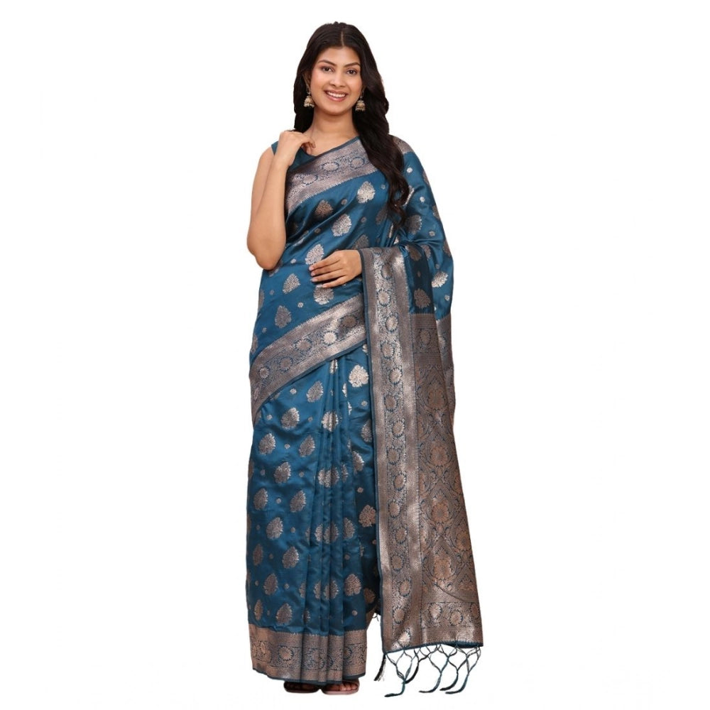 Women's Banarasi Silk Printed Saree With Unstitched Blouse 5.5Mtr (Teal Blue)