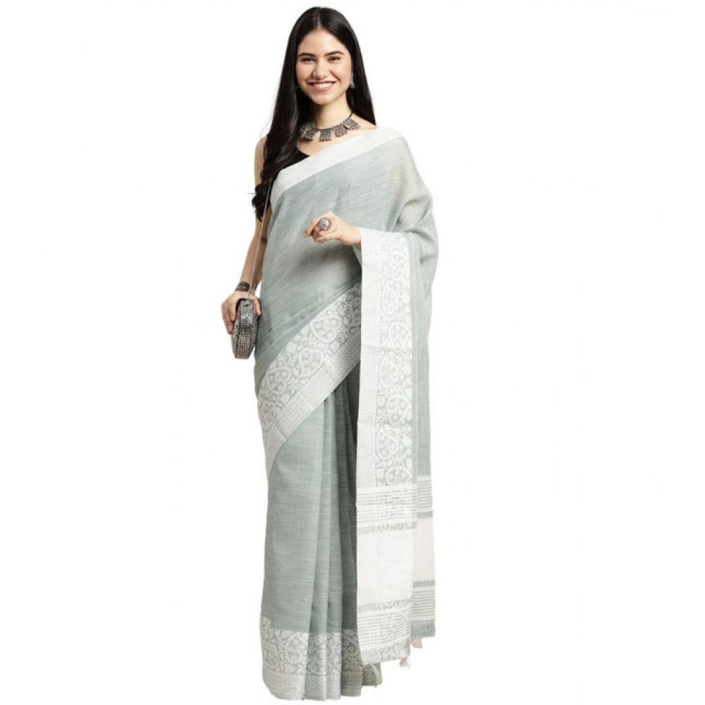 Women's Linen Printed Saree With Unstitched Blouse 5.5Mtr (Sea Green)