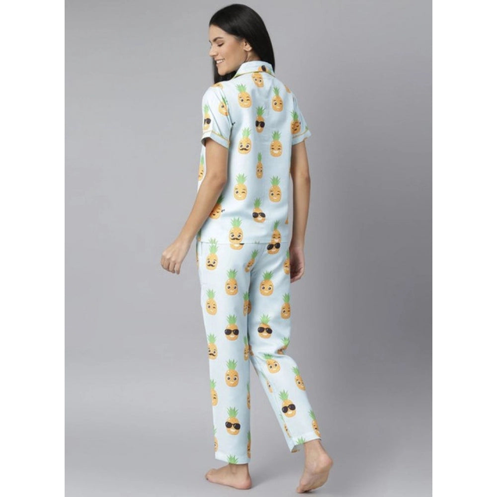 Women's Cotton Blend Printed Short Sleeve Night Suit (Blue-Yellow)