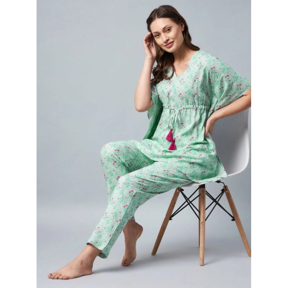 Women's Rayon Floral Kaftan Sleeve Night Suit (Green - Pink)